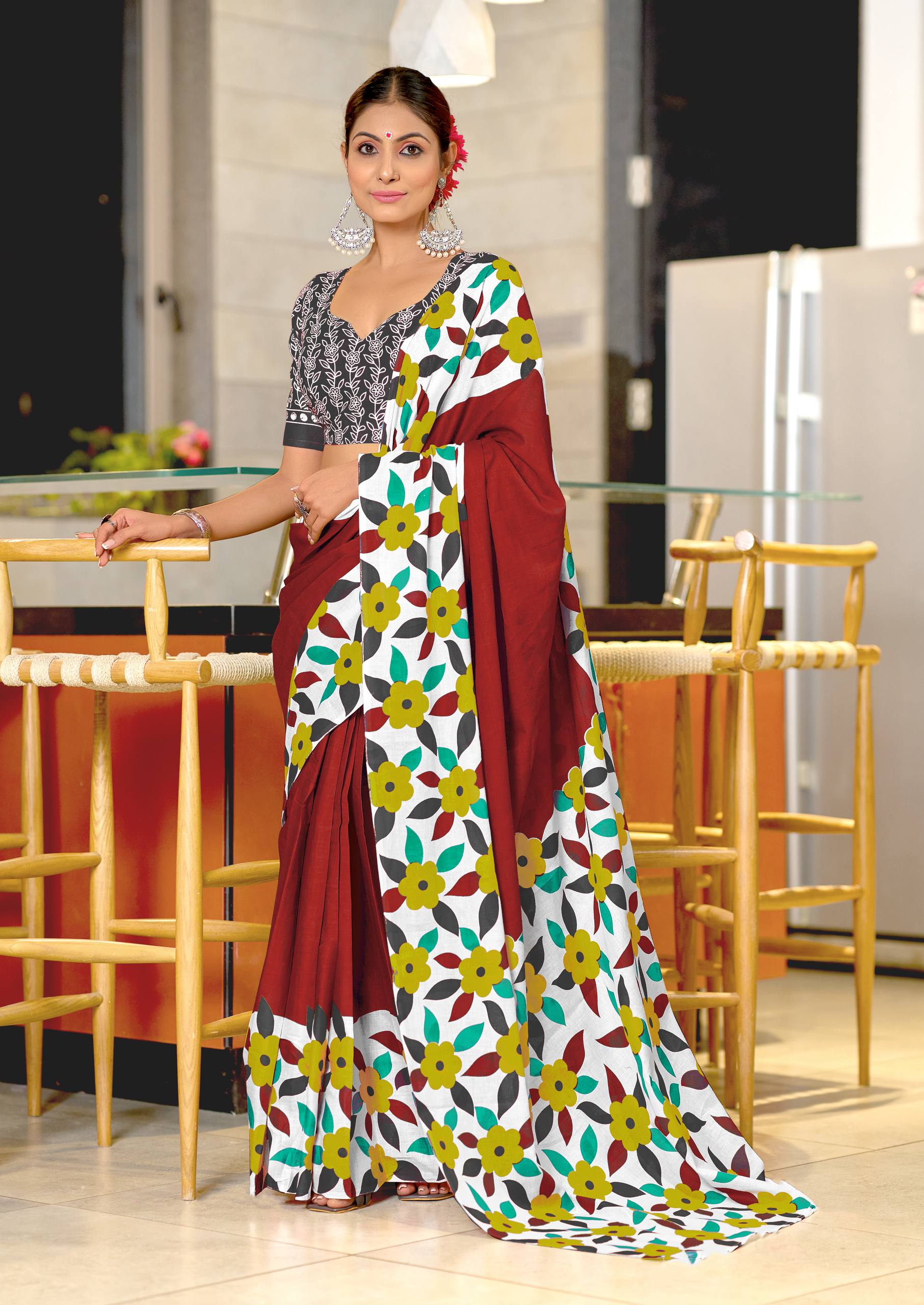 Classic Floral Block Print Mulmul Cotton Saree