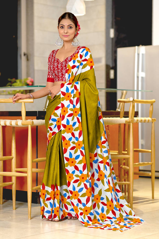 Classic Floral Block Print Mulmul Cotton Saree