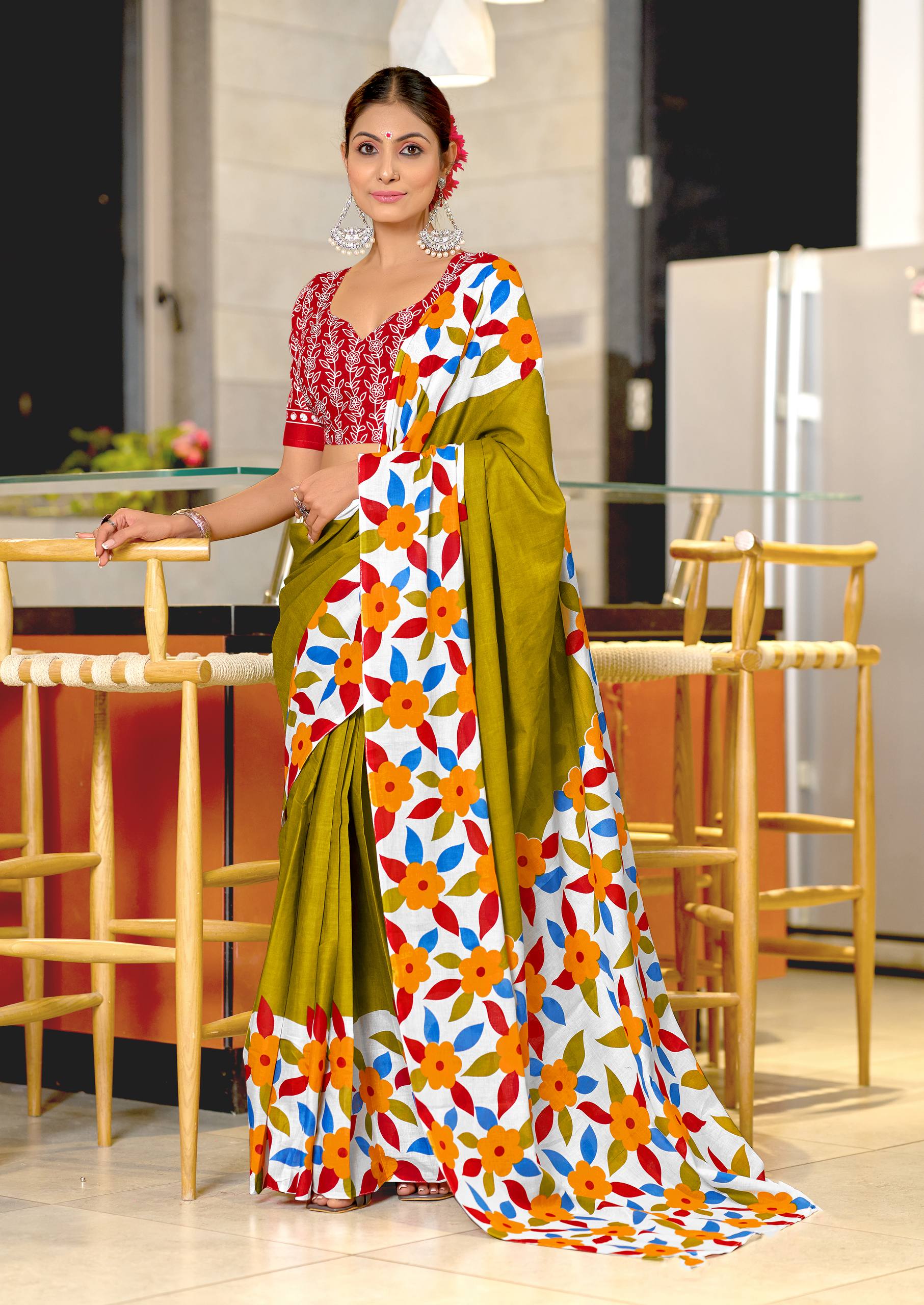 Classic Floral Block Print Mulmul Cotton Saree