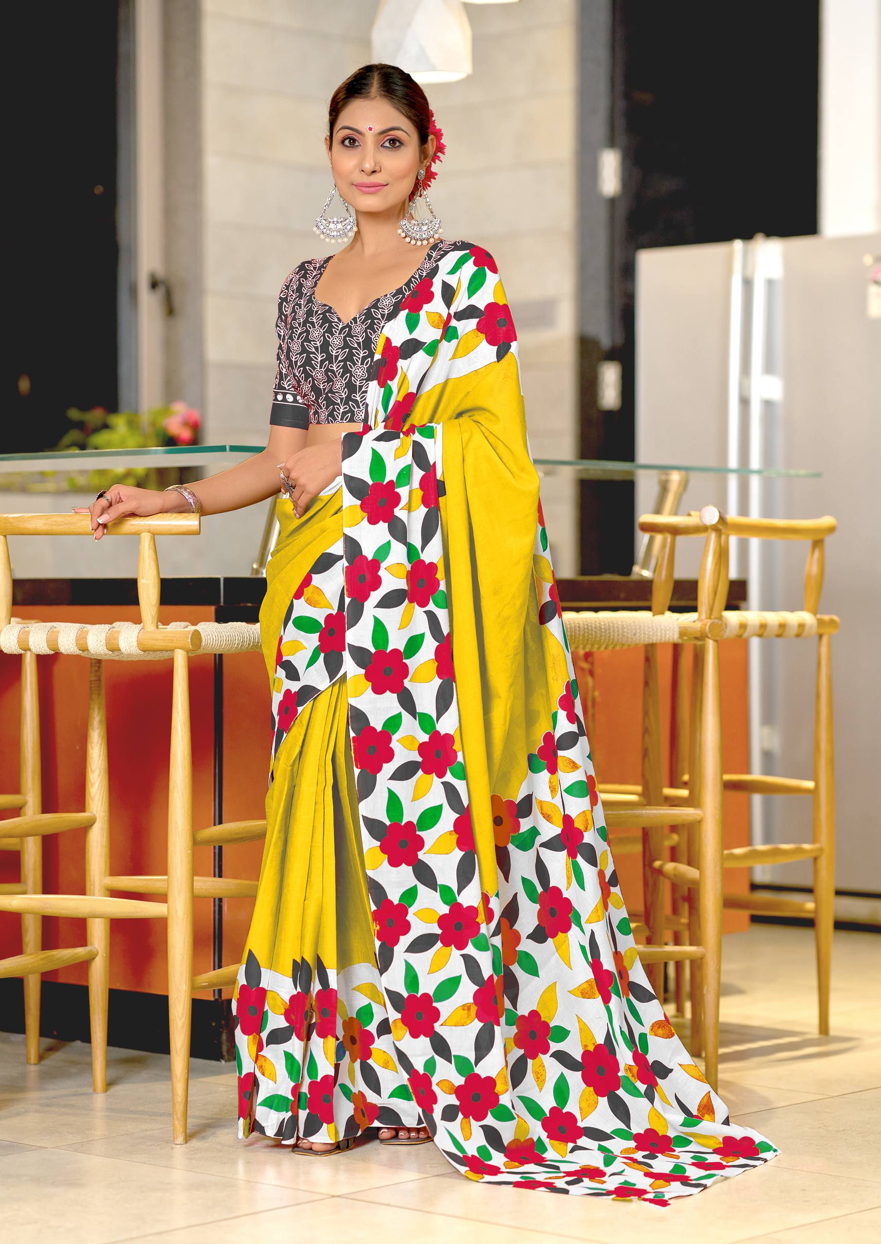 Classic Floral Block Print Mulmul Cotton Saree