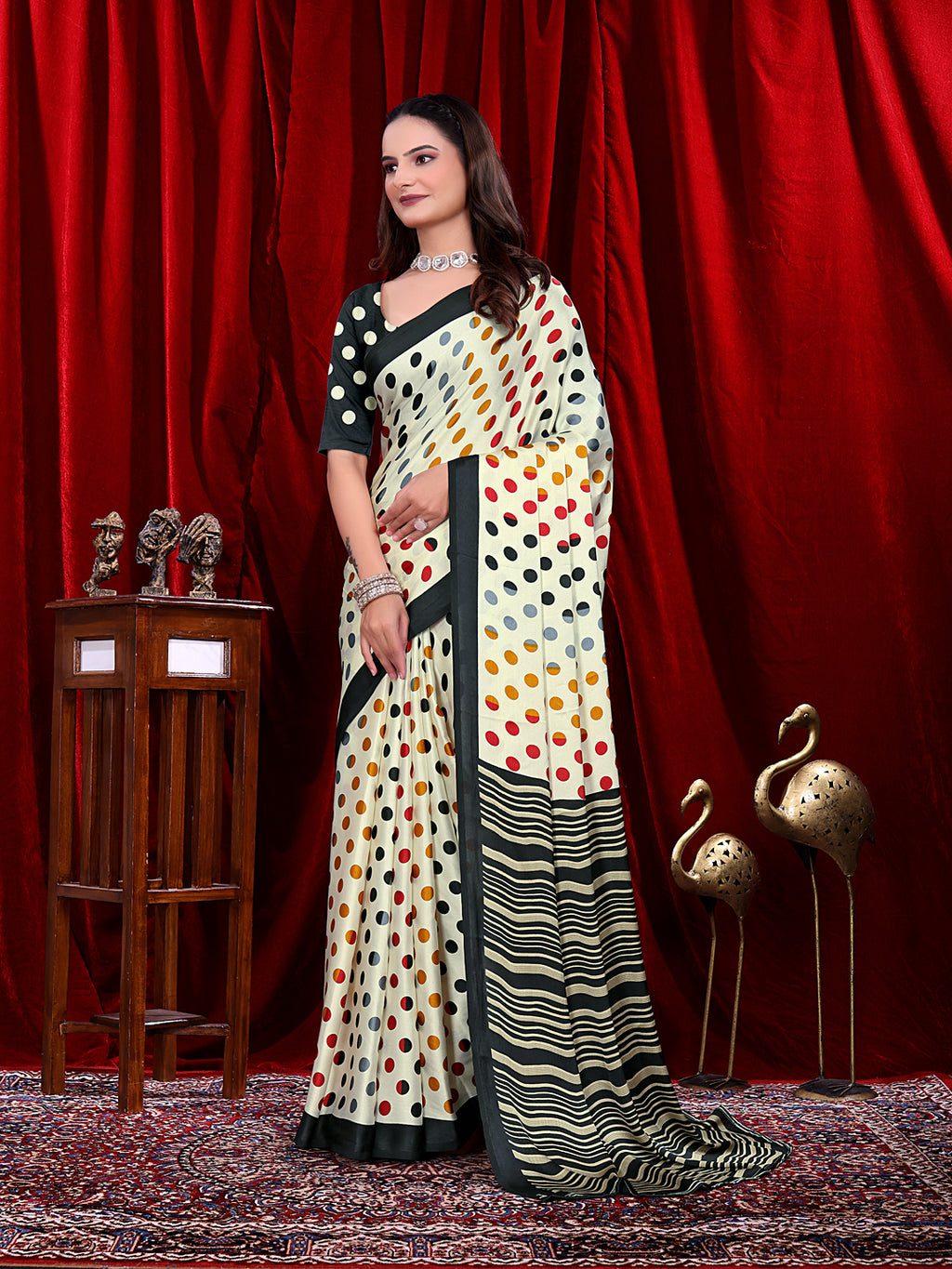 Ready to Wear White Polka Dot Print Pure Satin Saree