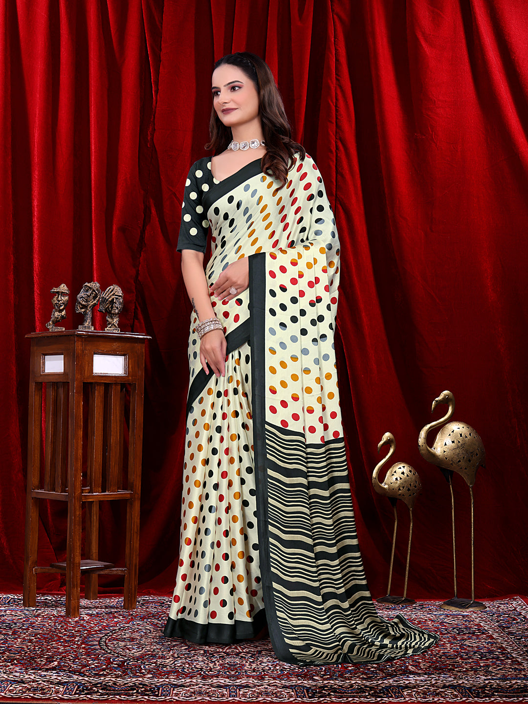 Ready to Wear White Polka Dot Print Pure Satin Saree