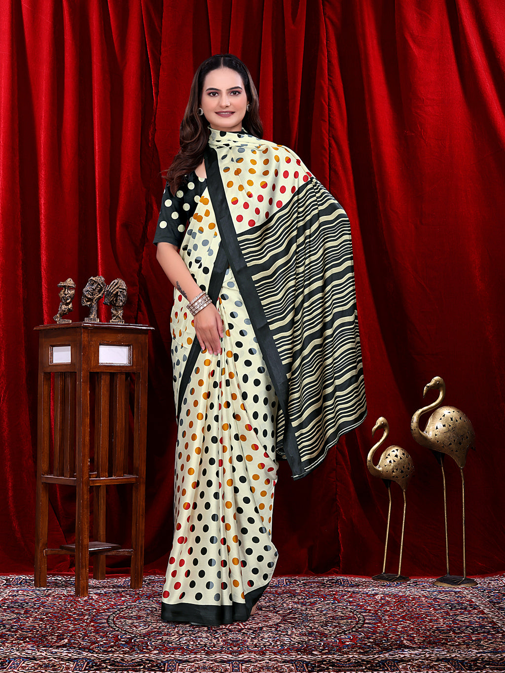 Ready to Wear White Polka Dot Print Pure Satin Saree