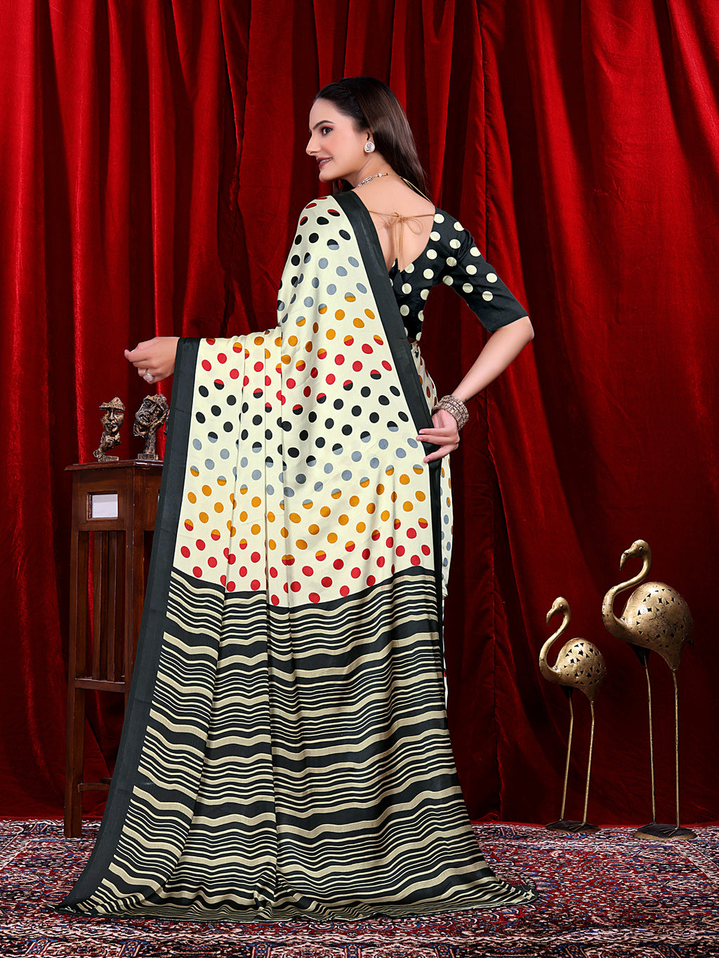 Ready to Wear White Polka Dot Print Pure Satin Saree