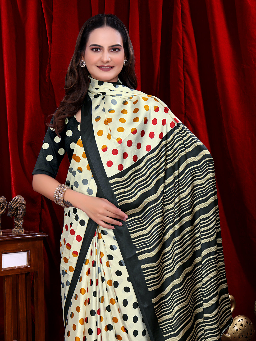 Ready to Wear White Polka Dot Print Pure Satin Saree