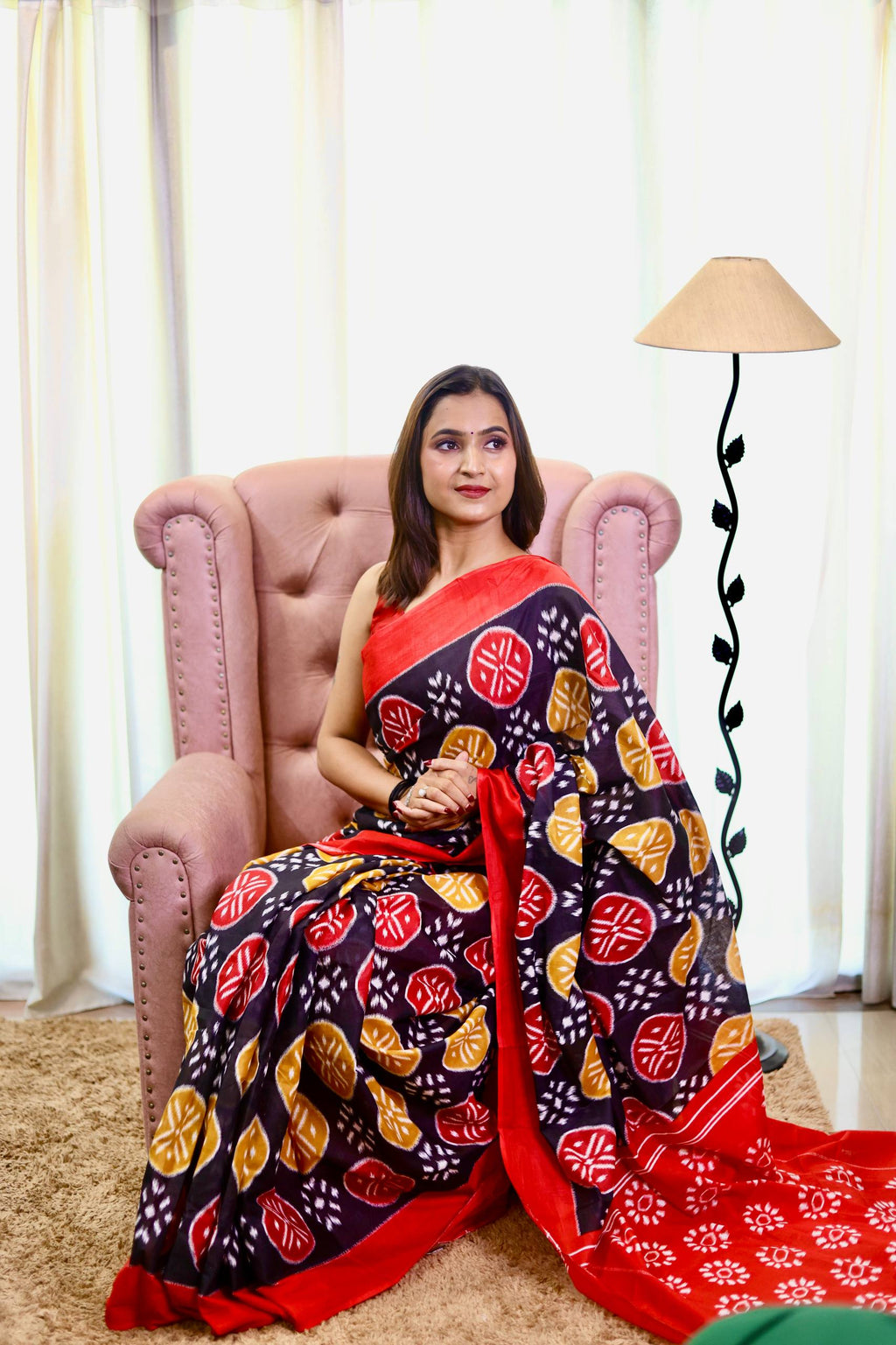 Trendy Mulmul Cotton Ikkat Hand Block Print Saree
