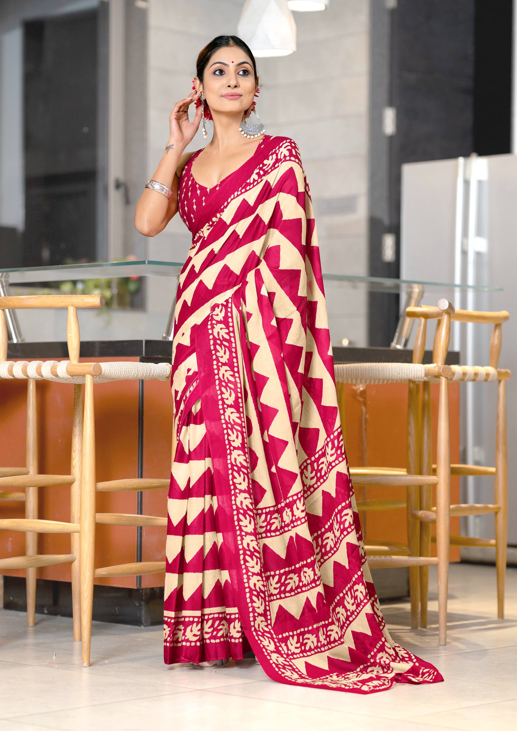 Pure Mulmul Cotton Zigzag Hand Block Printed Saree with Blouse Piece