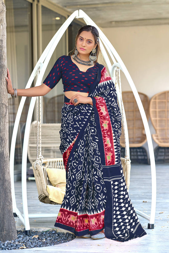 Ikkat Hand Block Print Mulmul Cotton Saree