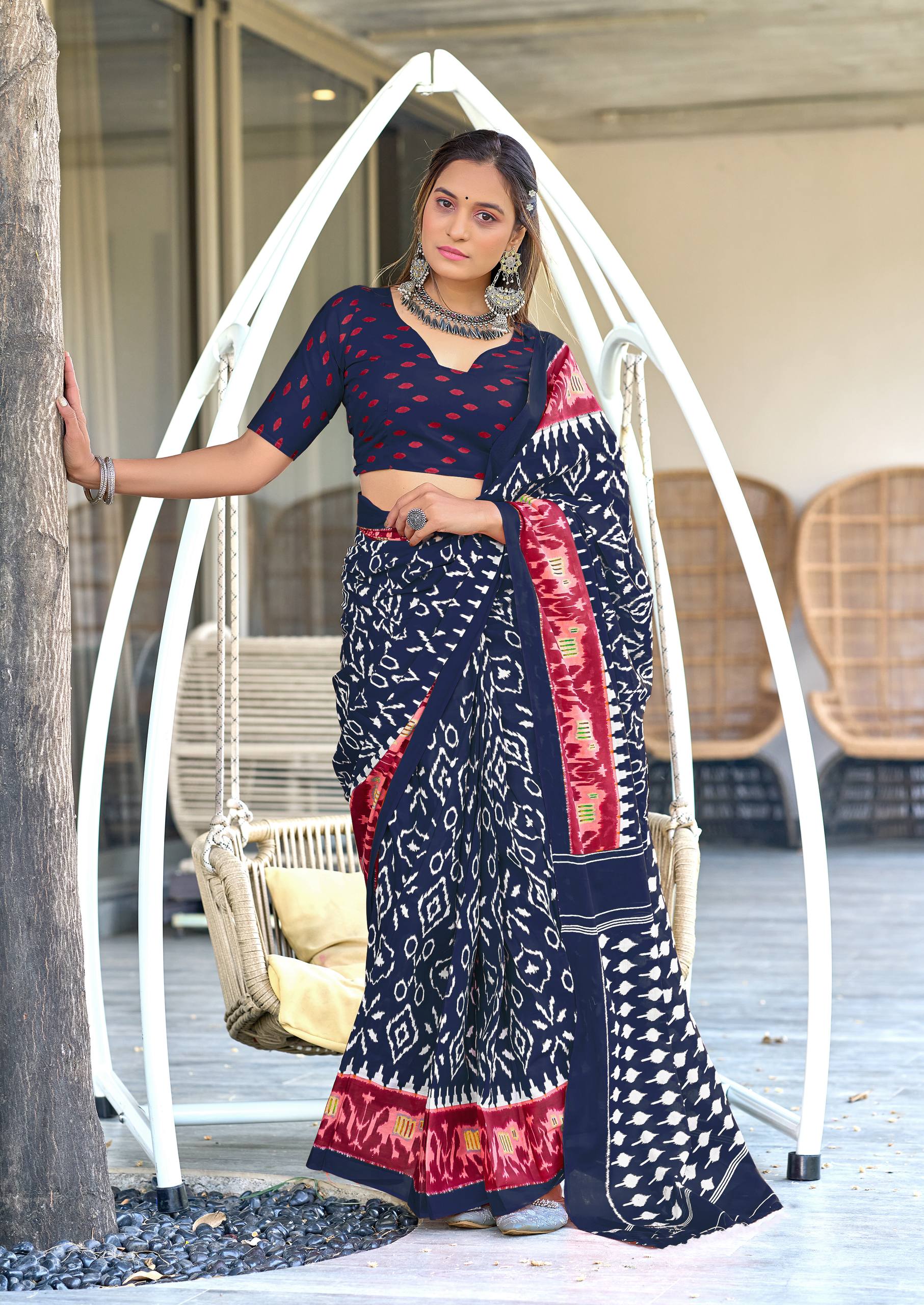 Ikkat Hand Block Print Mulmul Cotton Saree