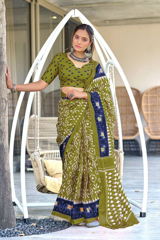 Ikkat Hand Block Print Mulmul Cotton Saree
