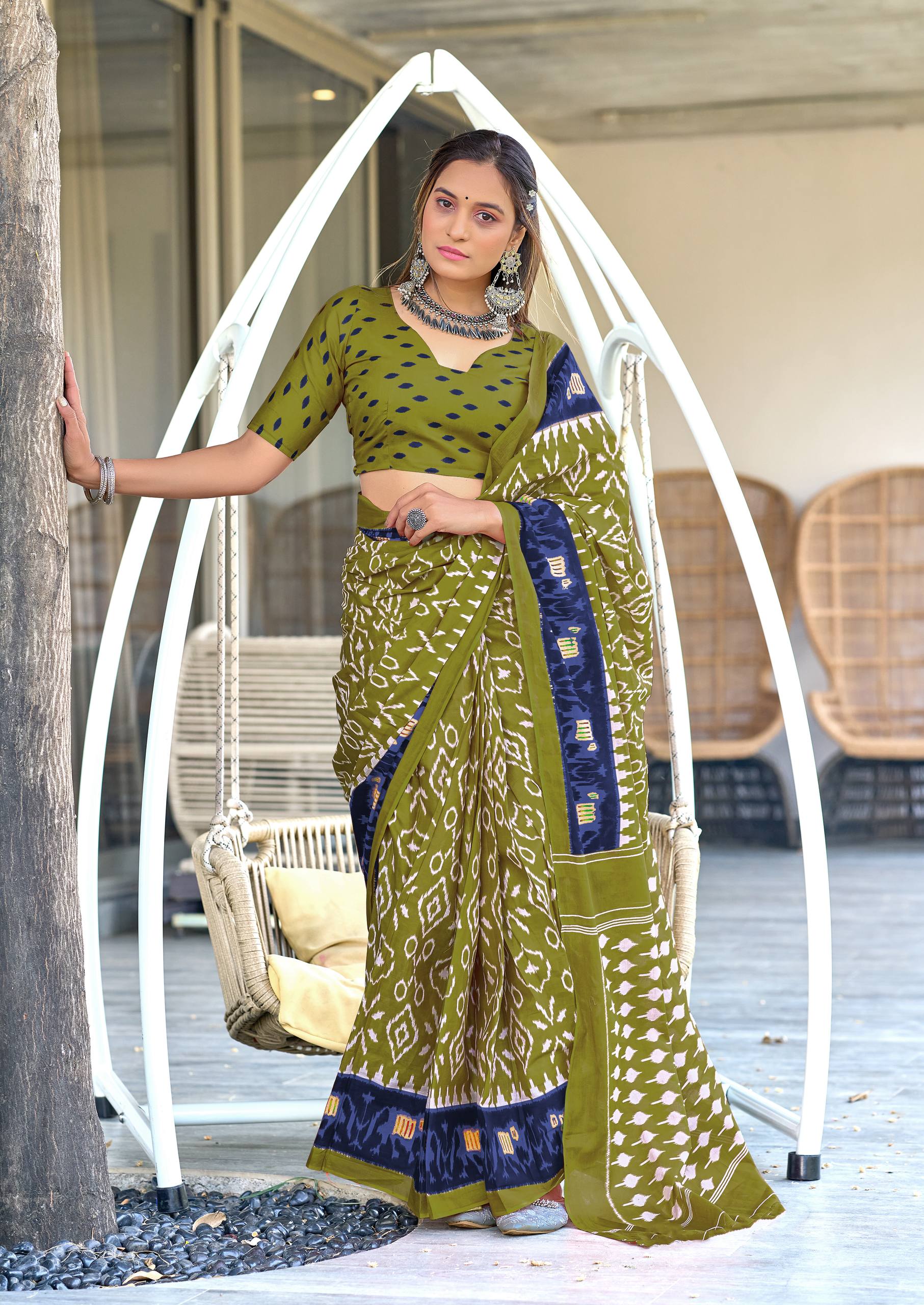 Ikkat Hand Block Print Mulmul Cotton Saree