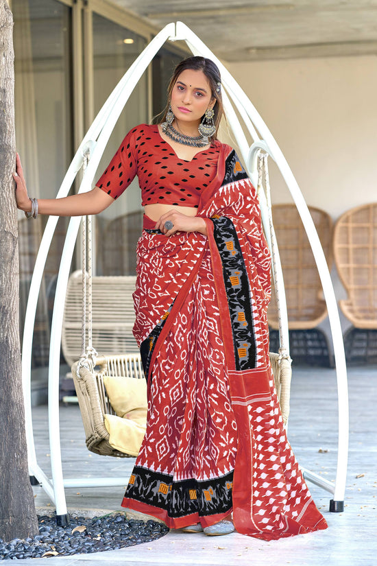 Ikkat Hand Block Print Mulmul Cotton Saree