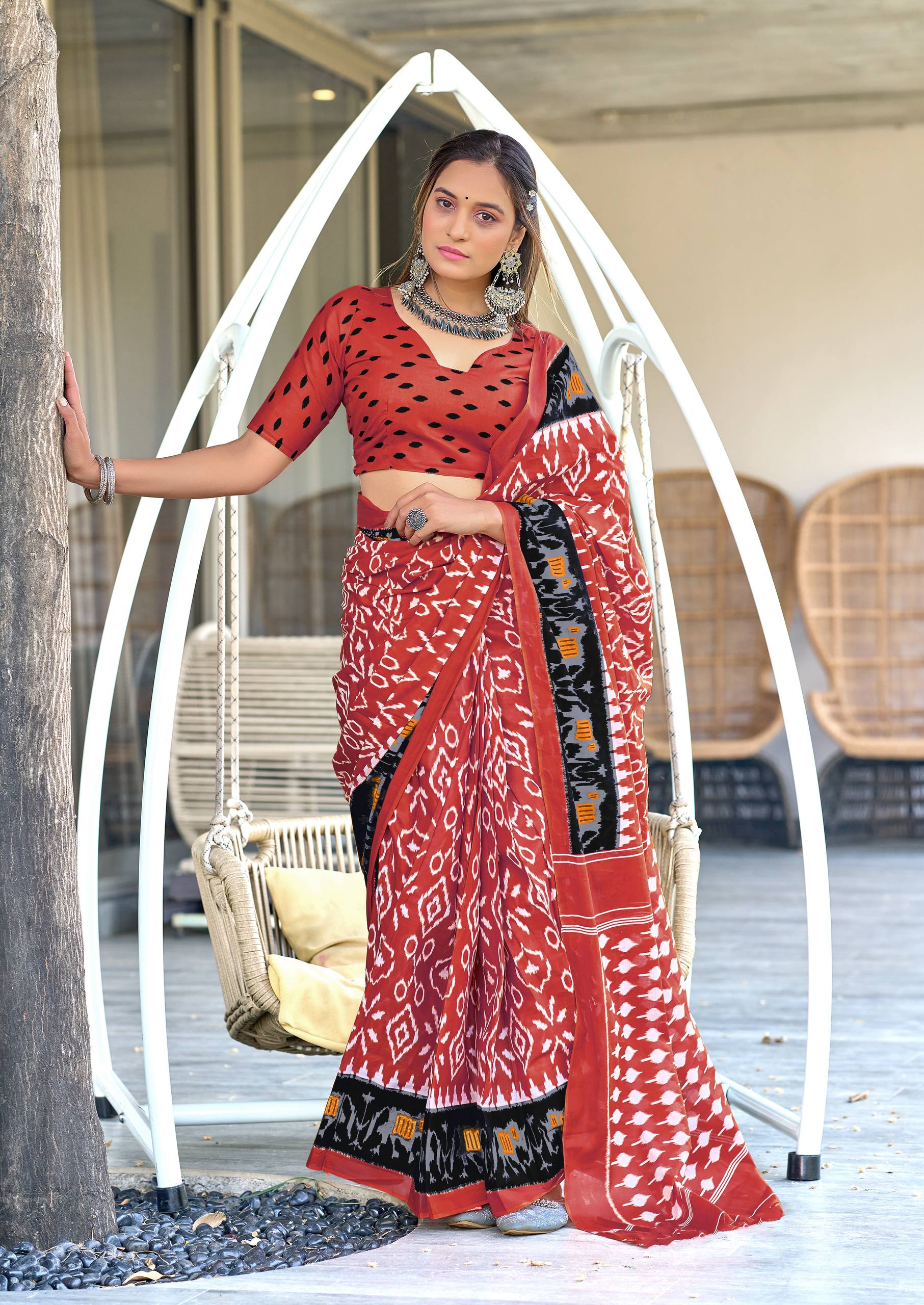 Ikkat Hand Block Print Mulmul Cotton Saree