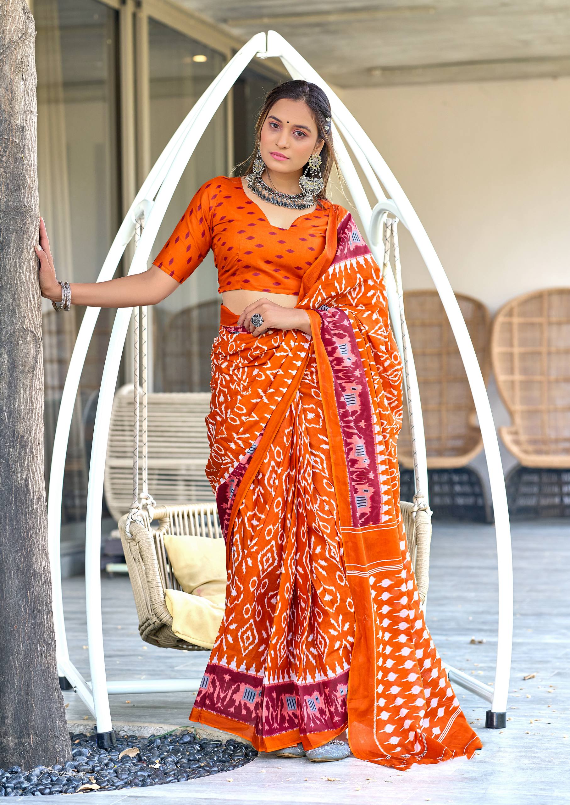 Ikkat Hand Block Print Mulmul Cotton Saree