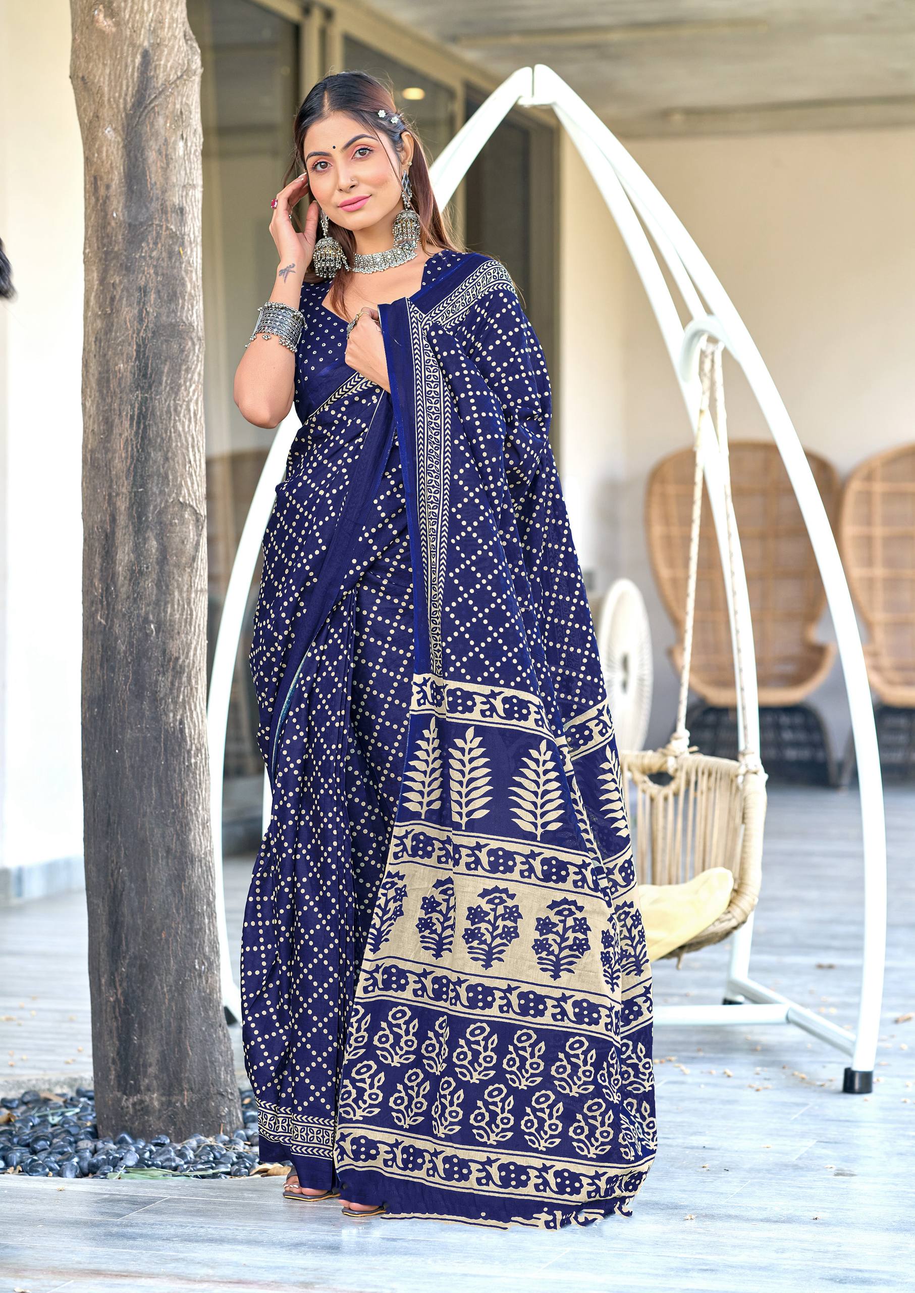 Mulmul Cotton Bandhani Saree with Ajrakh Block Print
