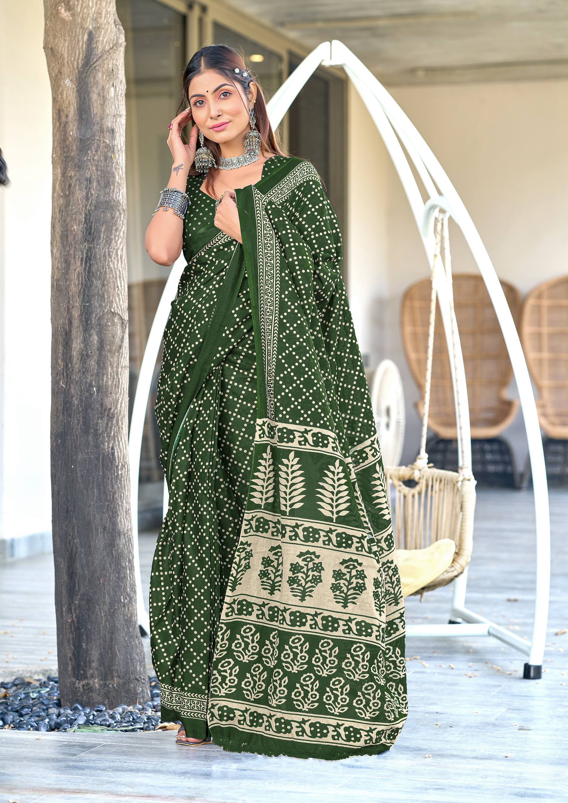 Mulmul Cotton Bandhani Saree with Ajrakh Block Print