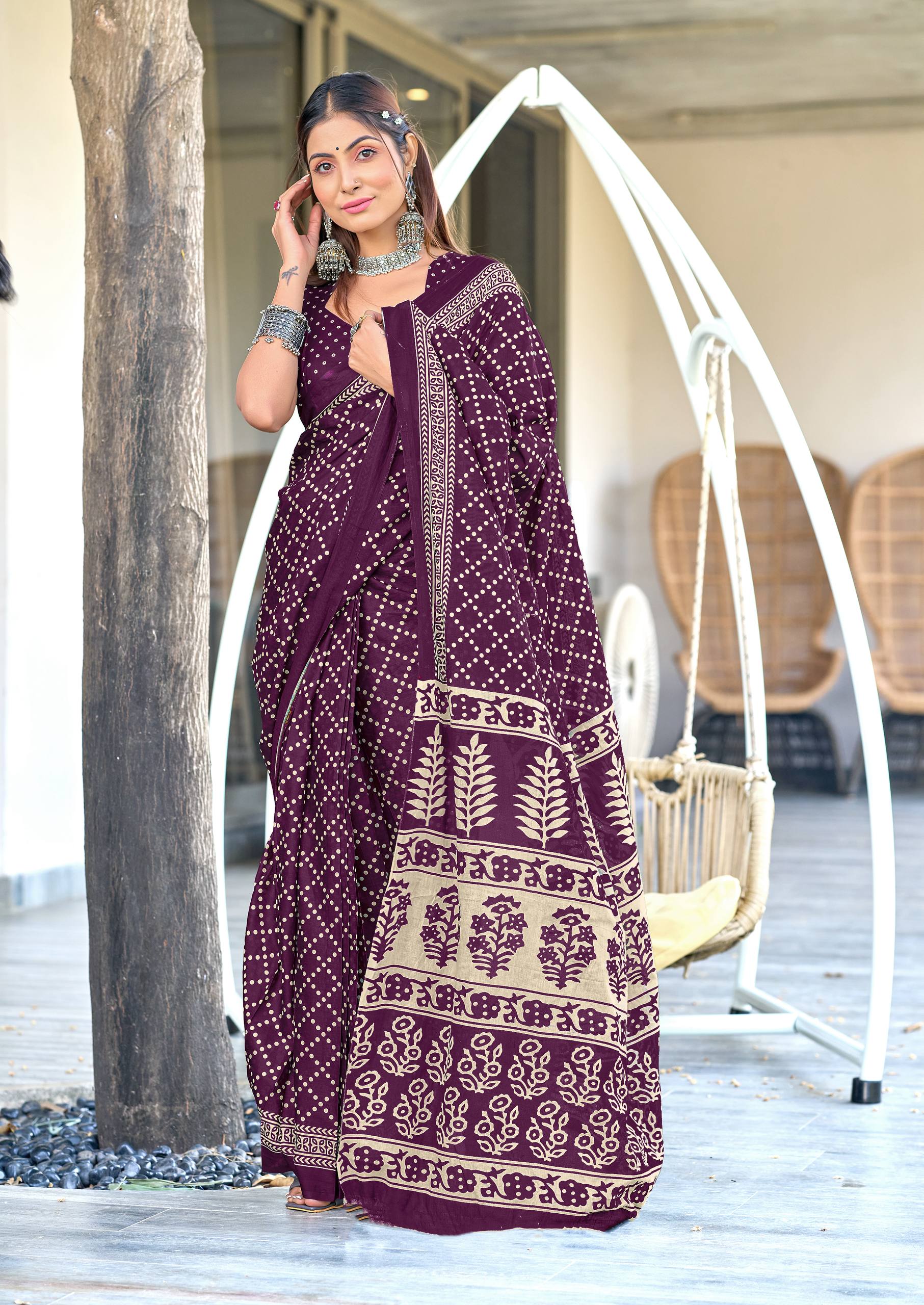 Mulmul Cotton Bandhani Saree with Ajrakh Block Print