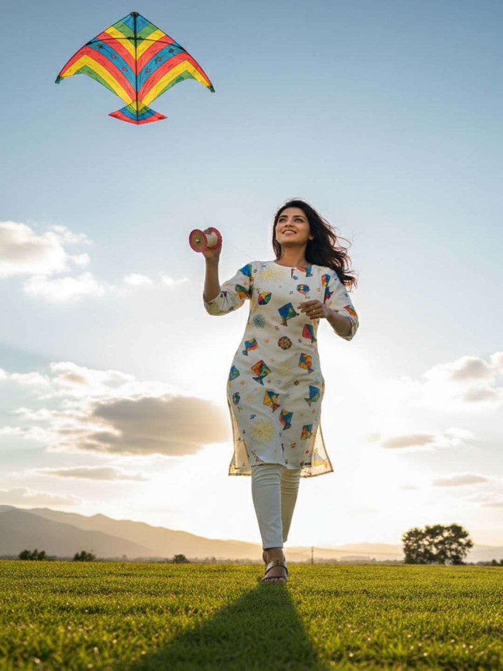 Festive wear Women’s White Cotton Blend Kite Print Kurti