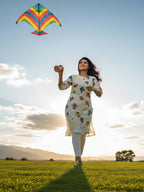 Festive wear Women’s White Cotton Blend Kite Print Kurti