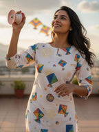 Festive wear Women’s White Cotton Blend Kite Print Kurti