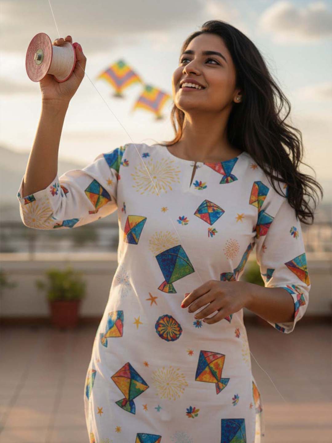 Festive wear Women’s White Cotton Blend Kite Print Kurti