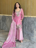 Elegant Satin 3-Piece Kurta Palazzo & Dupatta Set