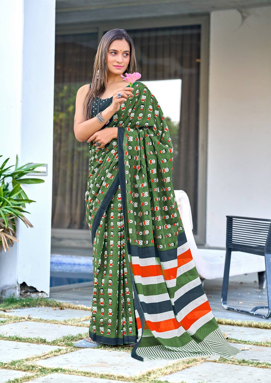 Block Print Mulmul Cotton Printed Saree