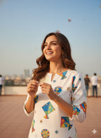 Festive wear Women’s White Cotton Blend Kite Print Kurti
