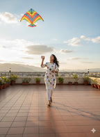 Festive wear Women’s White Cotton Blend Kite Print Kurti