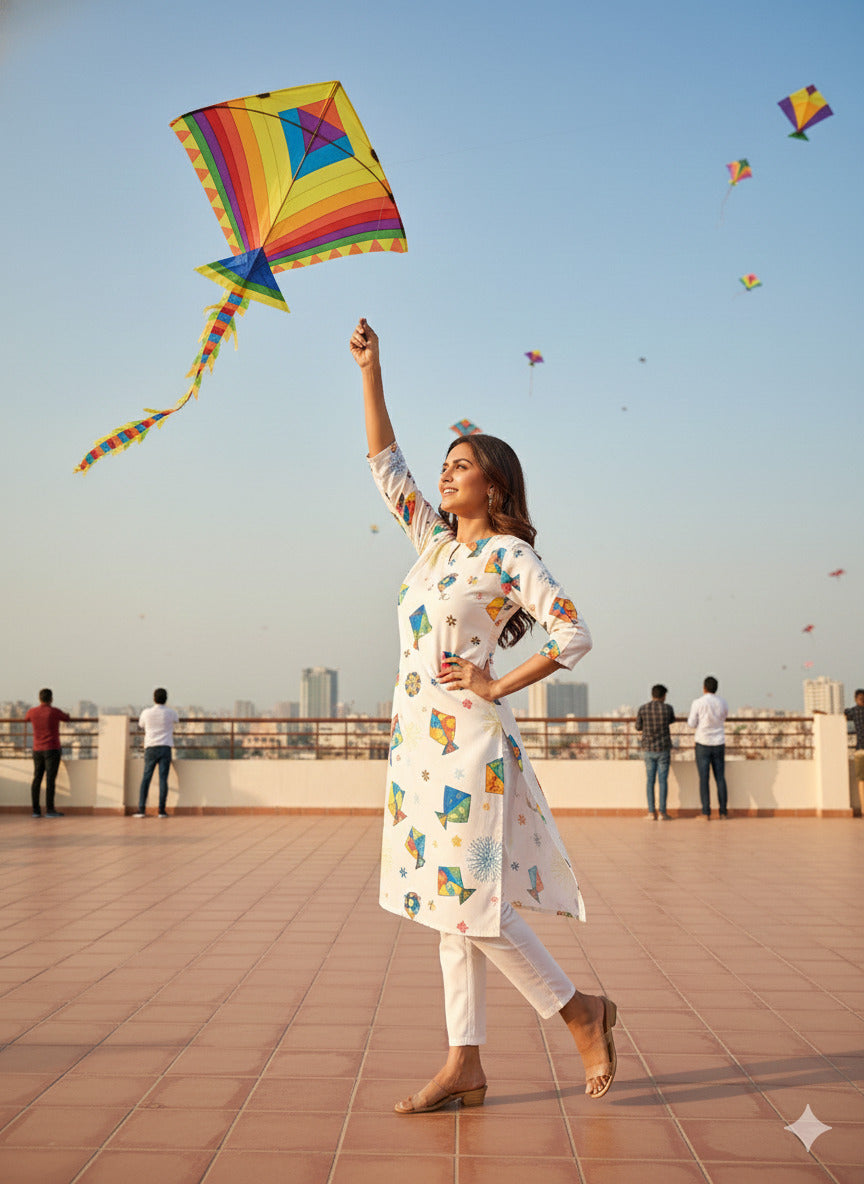 Festive wear Women’s White Cotton Blend Kite Print Kurti