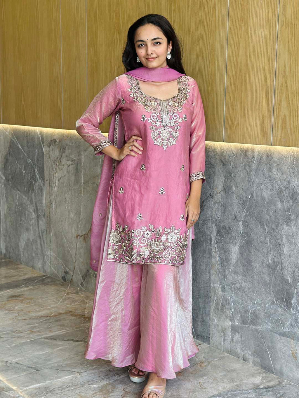 Elegant Satin 3-Piece Kurta Palazzo & Dupatta Set