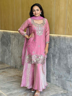 Elegant Satin 3-Piece Kurta Palazzo & Dupatta Set