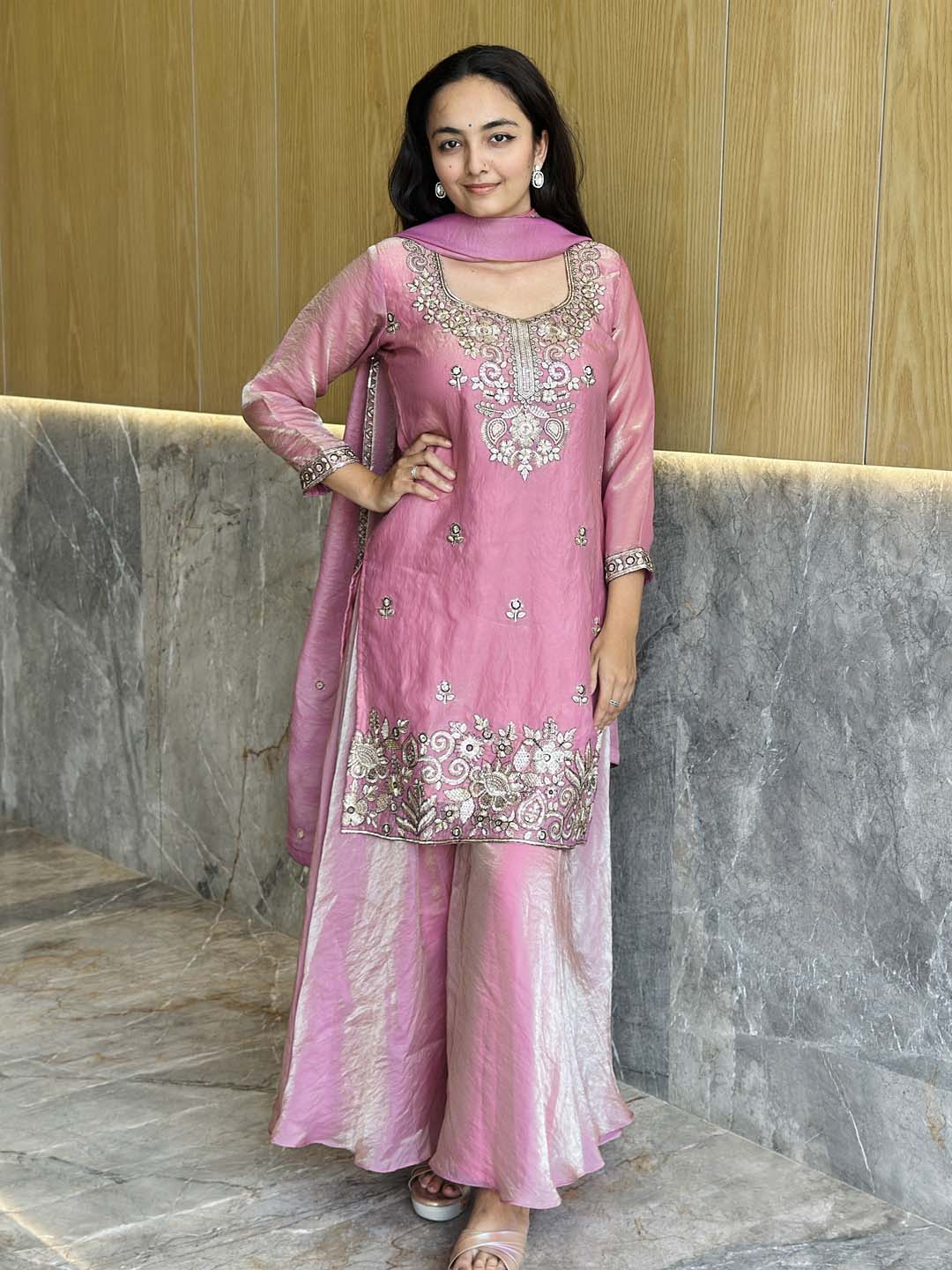 Elegant Satin 3-Piece Kurta Palazzo & Dupatta Set
