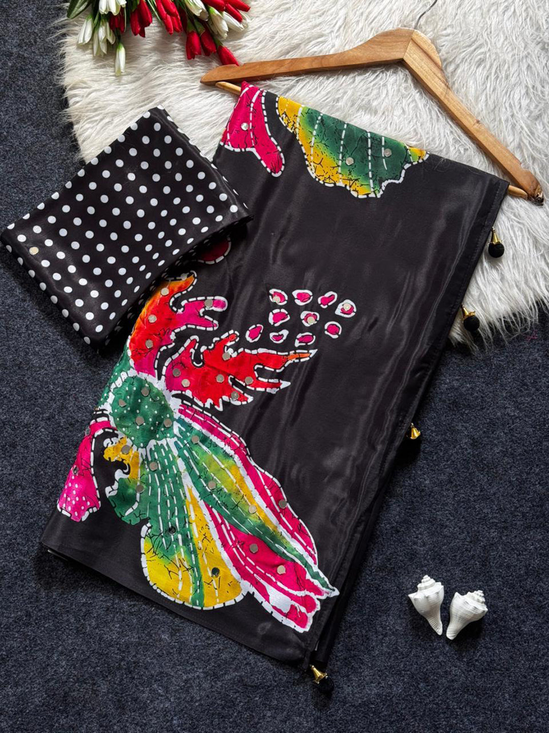 Crepe Silk Floral Printed Heavy Mirror Work Saree with Designer Pallu