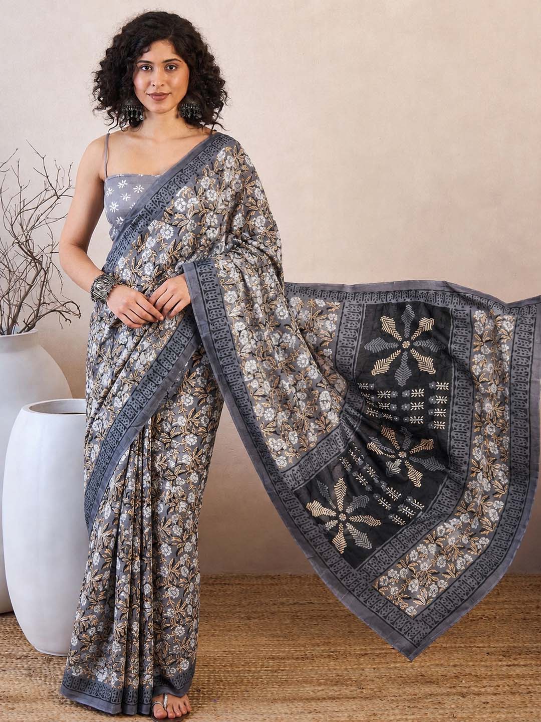 Blocked Printed Daily Wear Mulmul Saree
