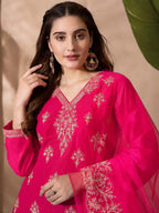 Roman Silk Embroidered Kurta Set with Organza Dupatta & Straight Pants