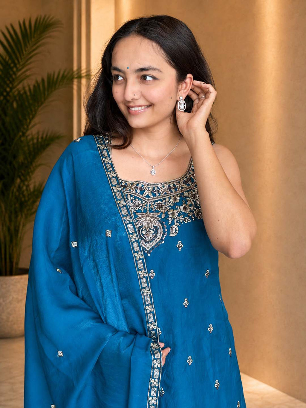 Stylish Satin Short Kurta & Flared Palazzo Set