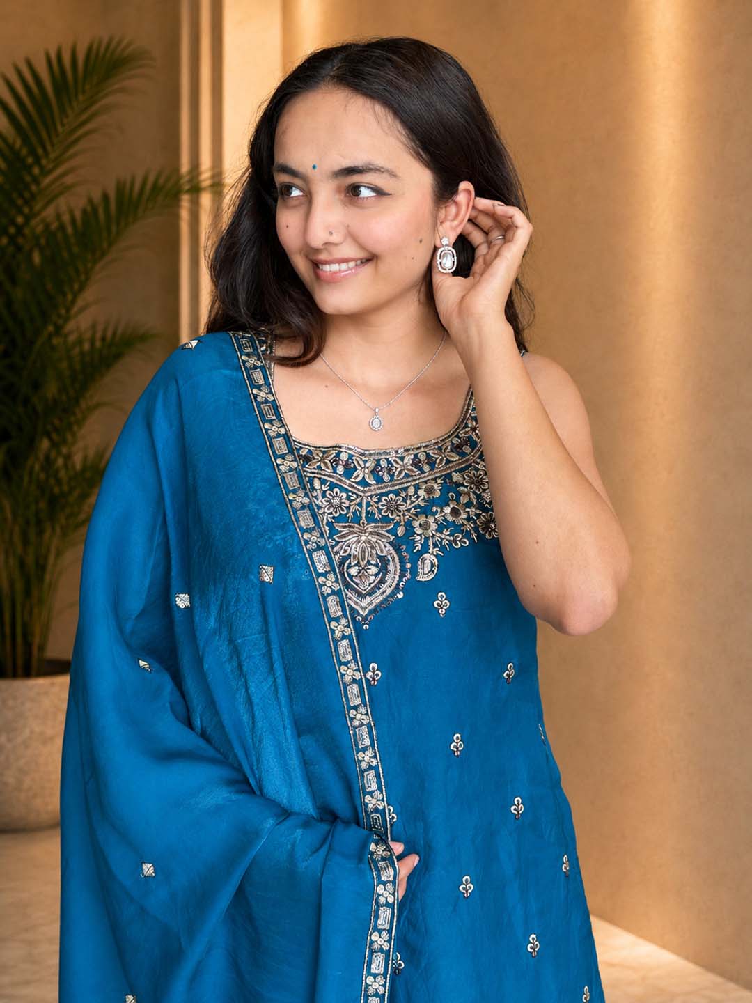 Stylish Satin Short Kurta & Flared Palazzo Set