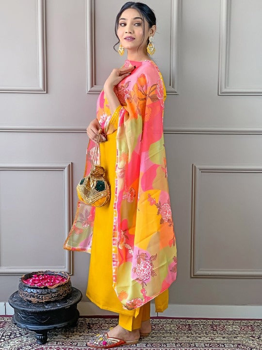 Roman Silk  Embroidered Kurta With Pant Dupatta Set