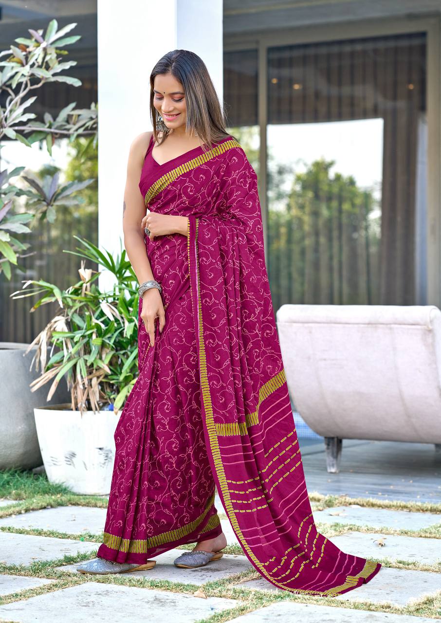 Printed Mulmul Cotton Block Pattern Saree