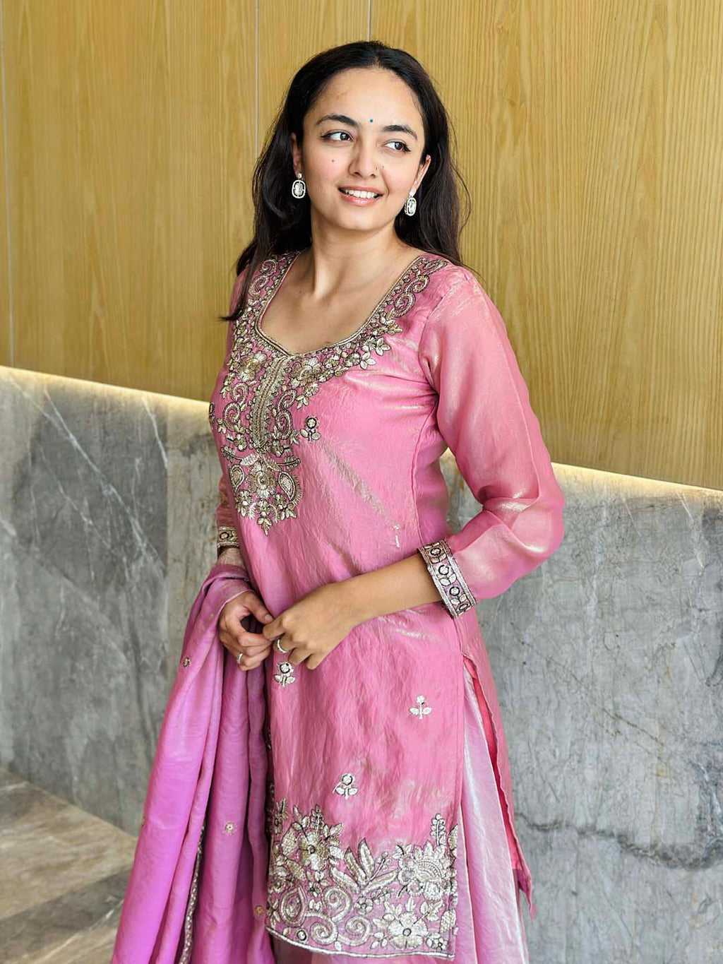 Elegant Satin 3-Piece Kurta Palazzo & Dupatta Set