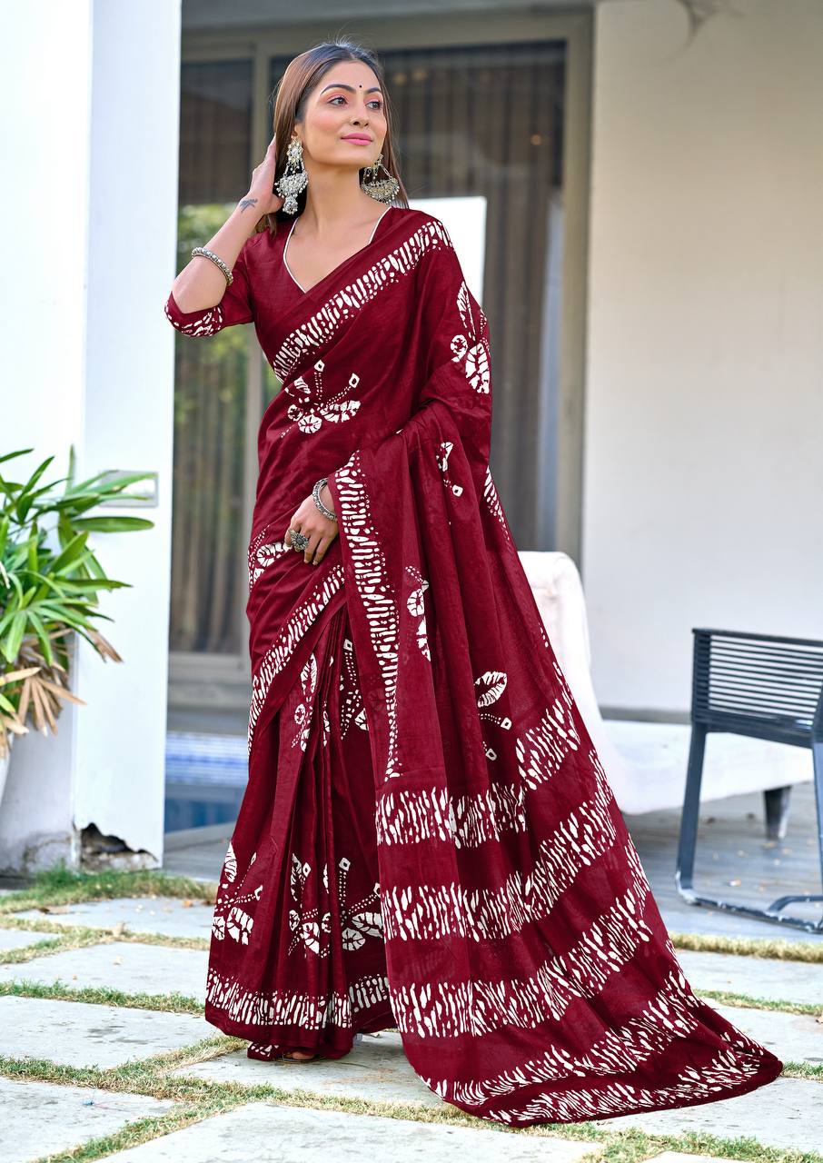 Printed Block Pattern Mulmul Cotton Saree