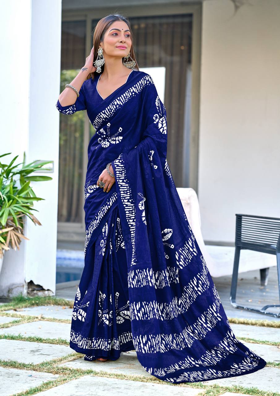 Printed Block Pattern Mulmul Cotton Saree