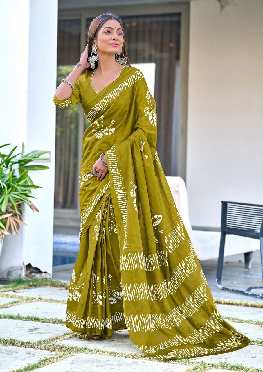 Printed Block Pattern Mulmul Cotton Saree