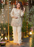 White Embroidered Sequinned Chiffon Satin Co-ord Set - Pionex Fab