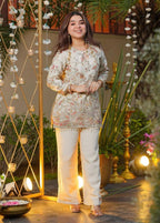 White Embroidered Sequinned Chiffon Satin Co-ord Set