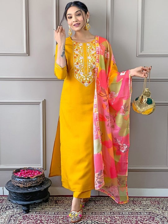 Roman Silk  Embroidered Kurta With Pant Dupatta Set