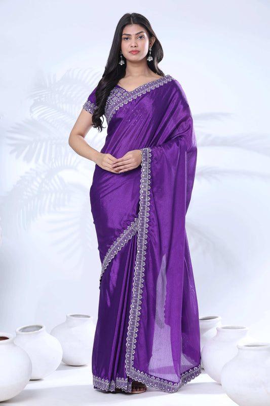Chinon Embroidery Sequence Lace Border Saree