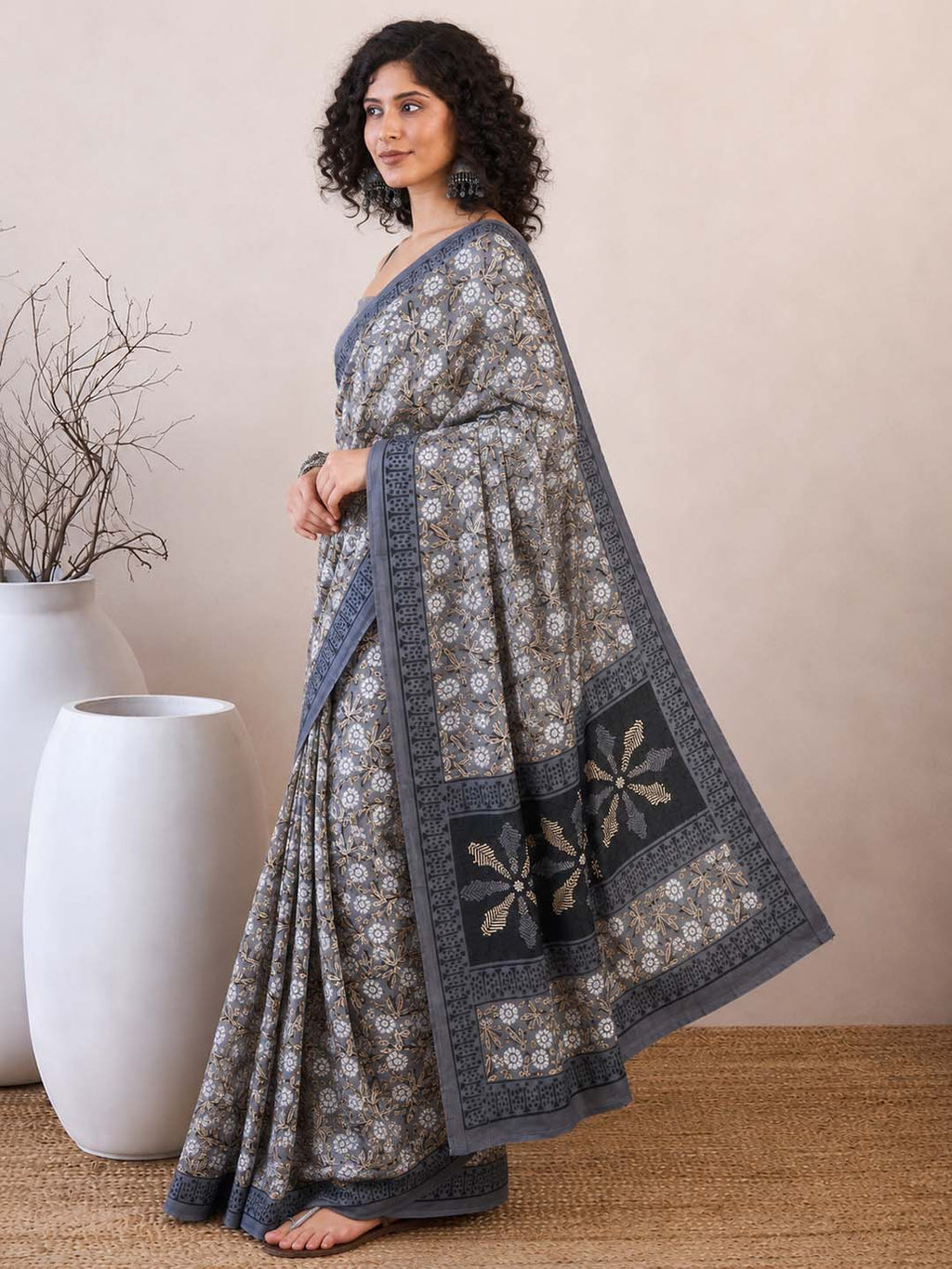 Blocked Printed Daily Wear Mulmul Saree