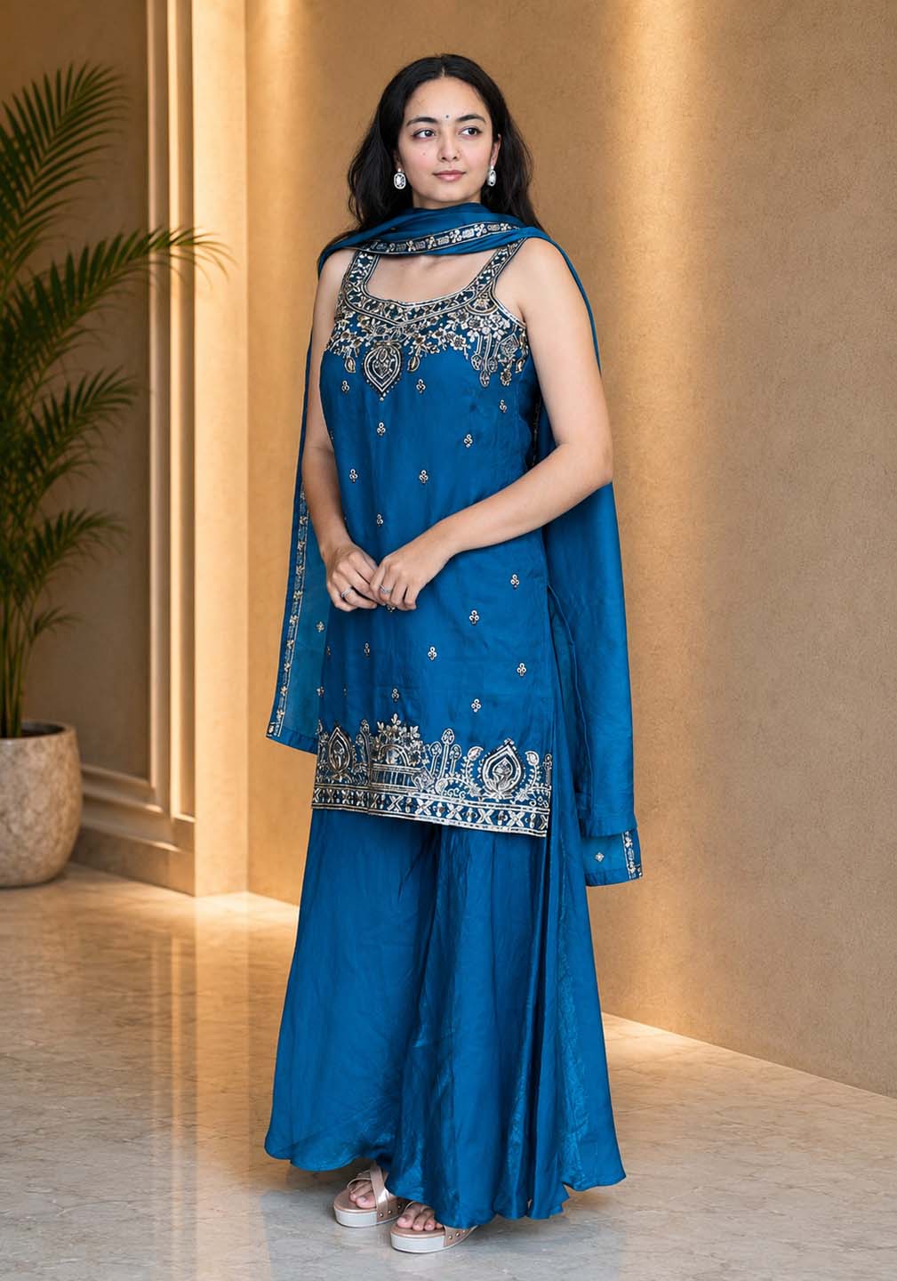 Stylish Satin Short Kurta & Flared Palazzo Set